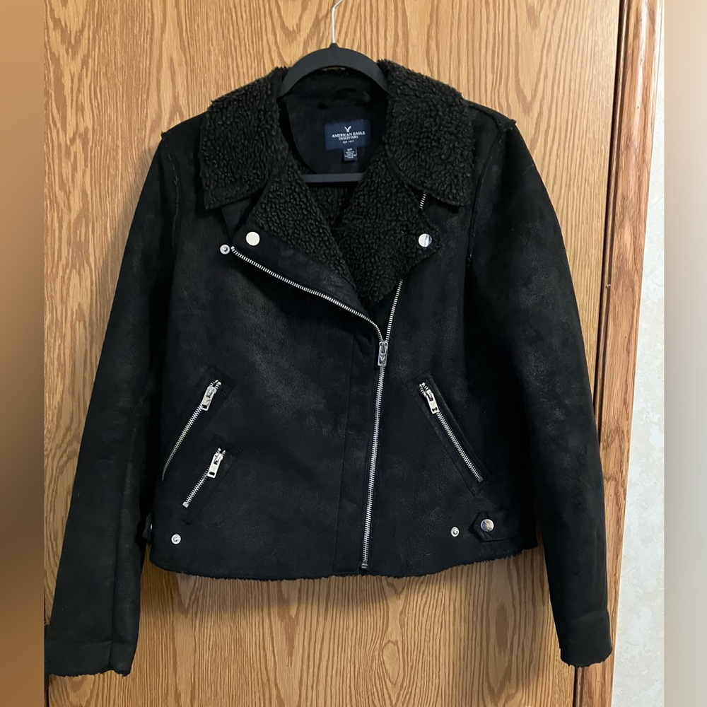 American Eagle Outfitters Black Motorcycle Jacket with Fleece Collar S/P